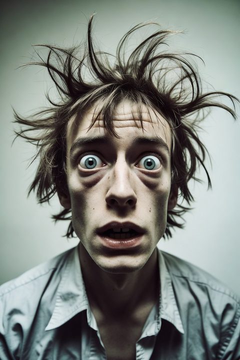 Startled man with wild hair, wide awake after a loud alarm