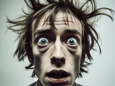 Startled man with wild hair, wide awake after a loud alarm